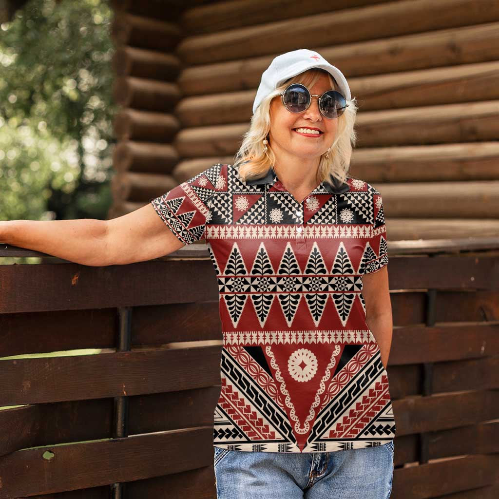 Vintage Bula Fiji Women Polo Shirt Red Tapa Masi Motif