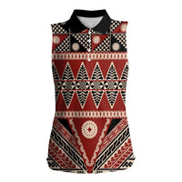 Vintage Bula Fiji Women Sleeveless Polo Shirt Red Tapa Masi Motif