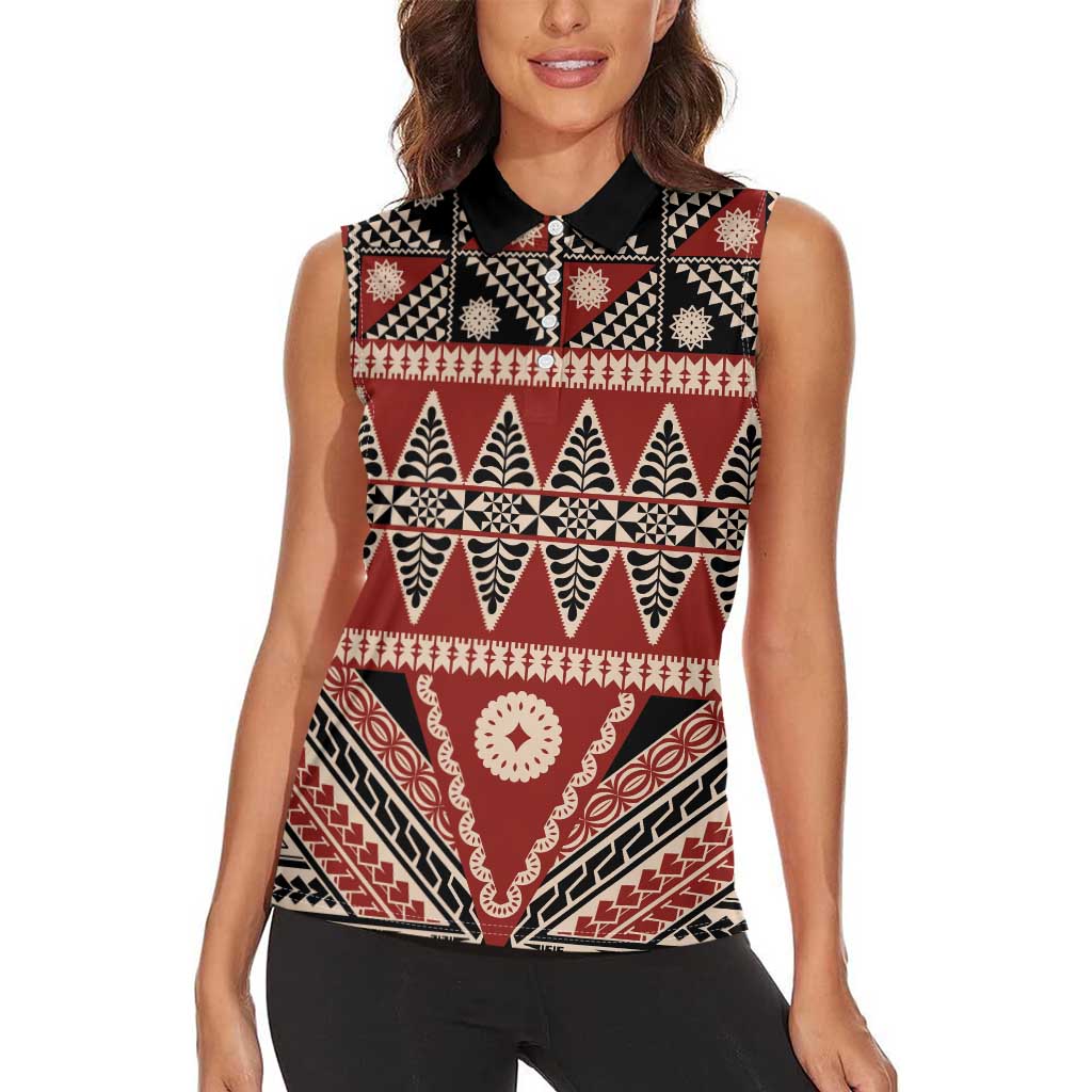 Vintage Bula Fiji Women Sleeveless Polo Shirt Red Tapa Masi Motif