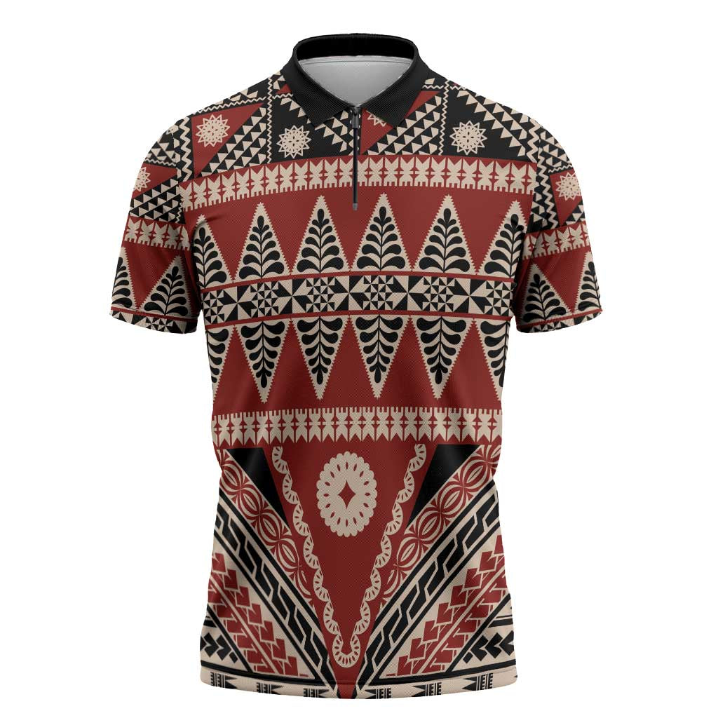 Vintage Bula Fiji Zipper Polo Shirt Red Tapa Masi Motif - Polynesian Pride