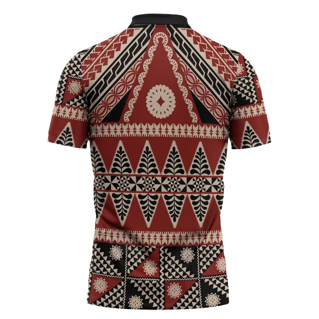 Vintage Bula Fiji Zipper Polo Shirt Red Tapa Masi Motif - Polynesian Pride