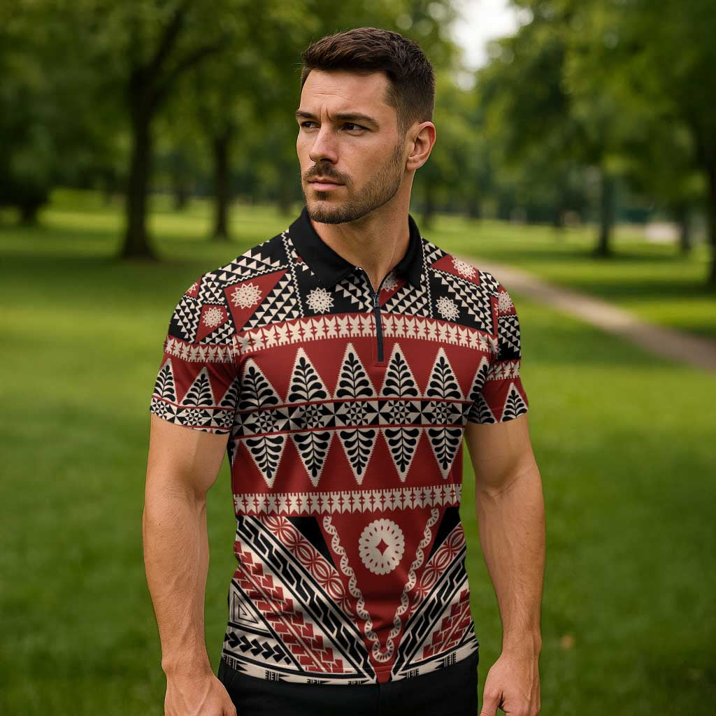 Vintage Bula Fiji Zipper Polo Shirt Red Tapa Masi Motif - Polynesian Pride