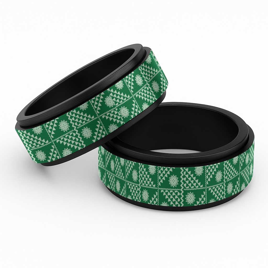 Vintage Bula Fiji Spinner Ring Green Tapa Motif Traditional Island Masi - Polynesian Pride