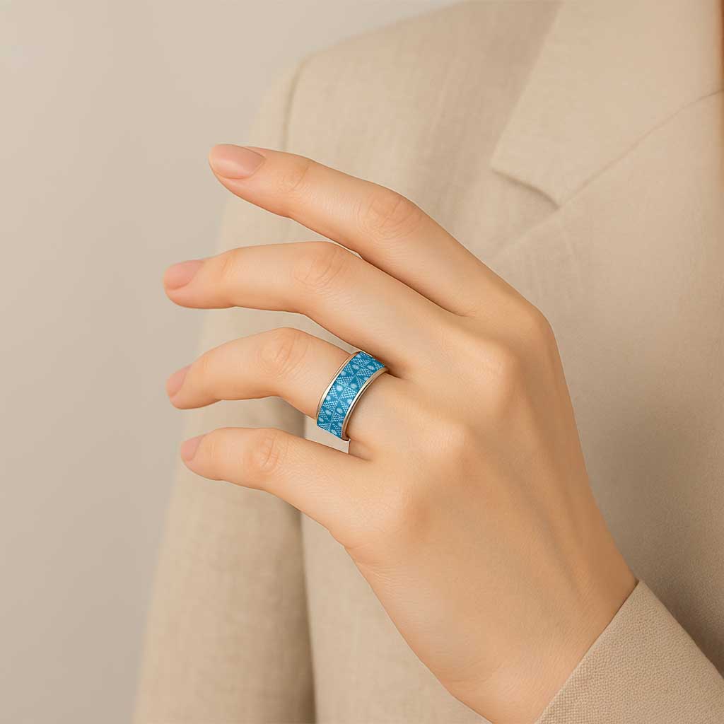 Vintage Bula Fiji Classic Ring Blue Tapa Motif Traditional Island Masi - Polynesian Pride