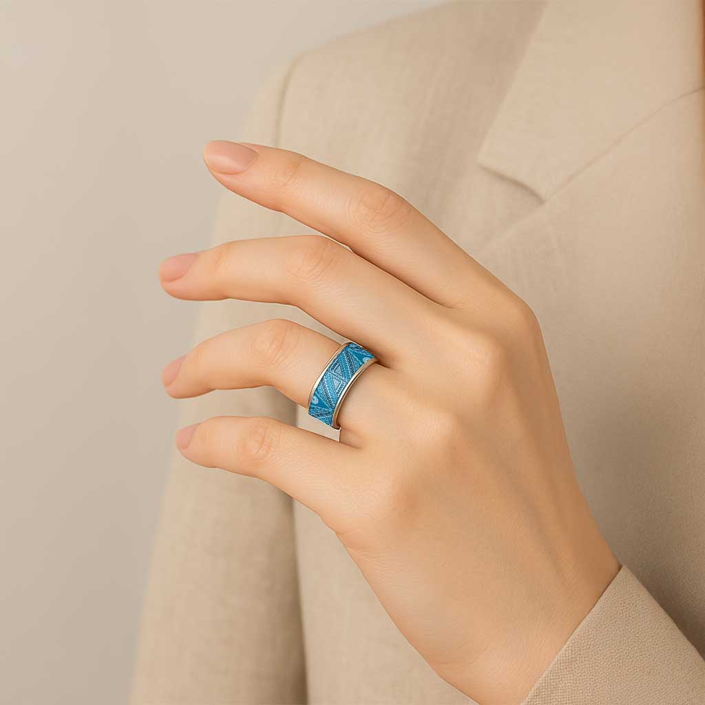 Vintage Bula Fiji Classic Ring Blue Tapa Motif Fijian Tribal Masi - Polynesian Pride