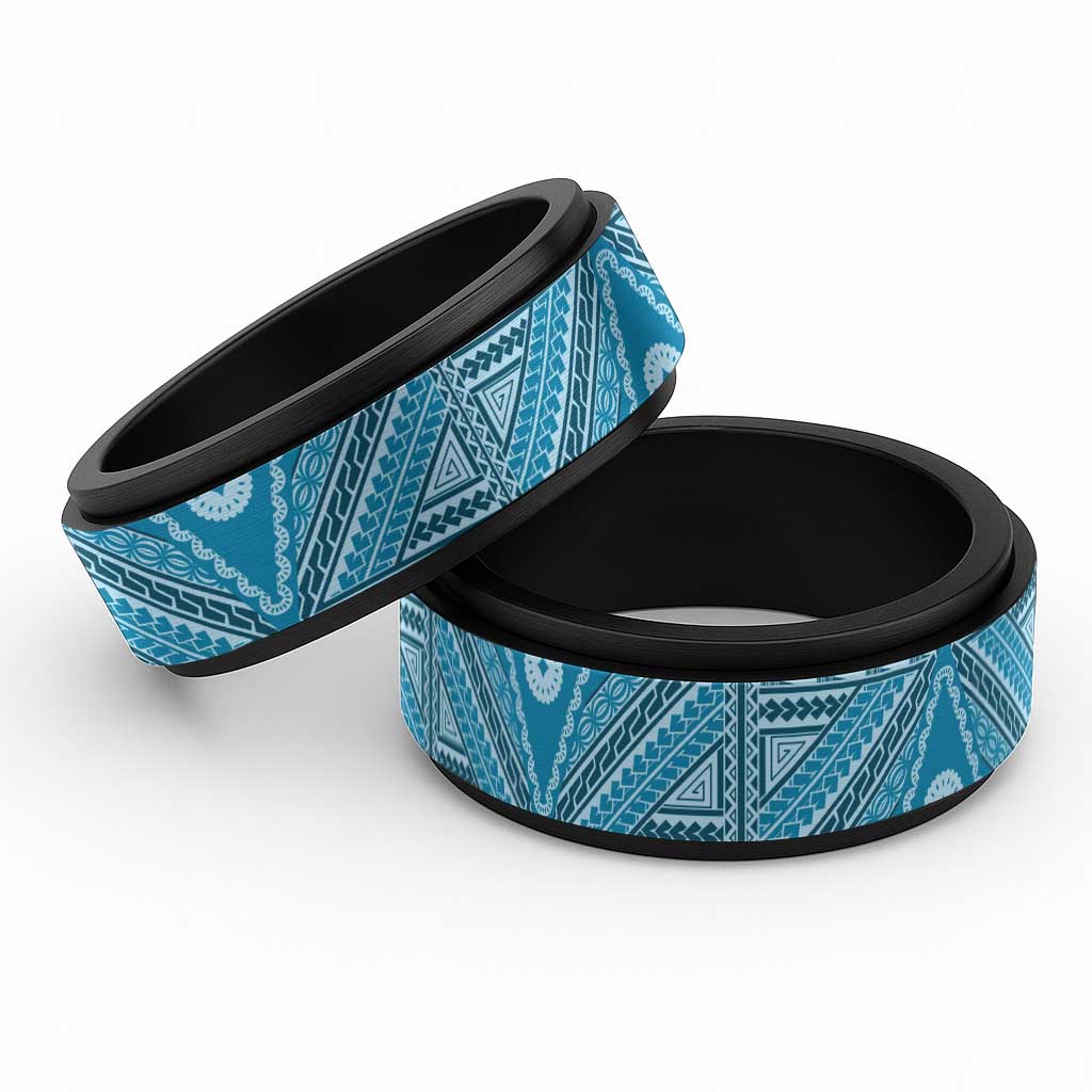 Vintage Bula Fiji Spinner Ring Blue Tapa Motif Fijian Tribal Masi - Polynesian Pride