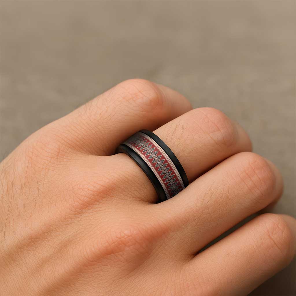 Vintage Bula Fiji Spinner Ring Red Tapa Motif Fiji Traditional Masi Pattern - Polynesian Pride