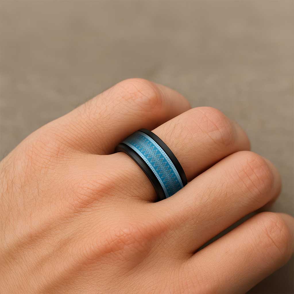 Vintage Bula Fiji Spinner Ring Blue Tapa Motif Fiji Traditional Masi Pattern - Polynesian Pride