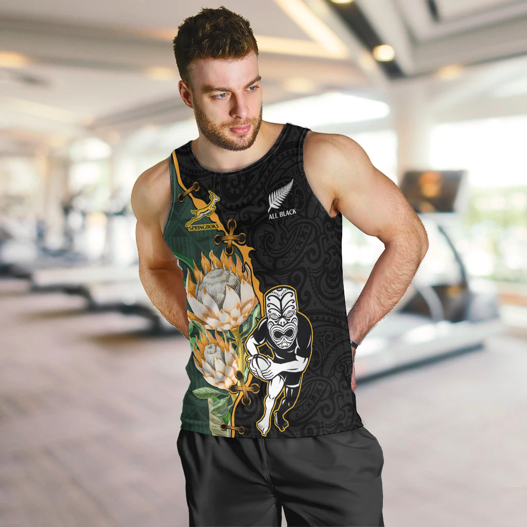 South Africa Protea and New Zealand Men Tank Top Go All Black-Springboks Rugby with Kente And Maori LT9 - Polynesian Pride