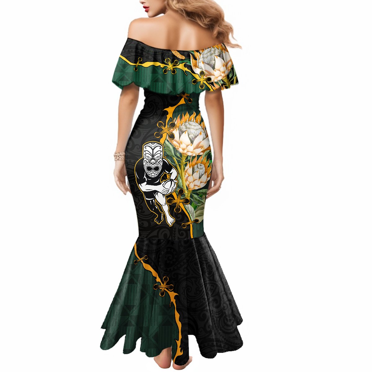 South Africa Protea and New Zealand Mermaid Dress Go All Black-Springboks Rugby with Kente And Maori LT9 - Polynesian Pride