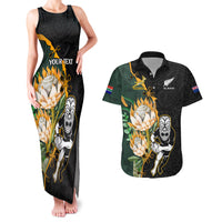 Custom South Africa Protea and New Zealand Couples Matching Tank Maxi Dress And Hawaiian Shirt Go All Black-Springboks Rugby with Kente And Maori LT9 Black Green - Polynesian Pride