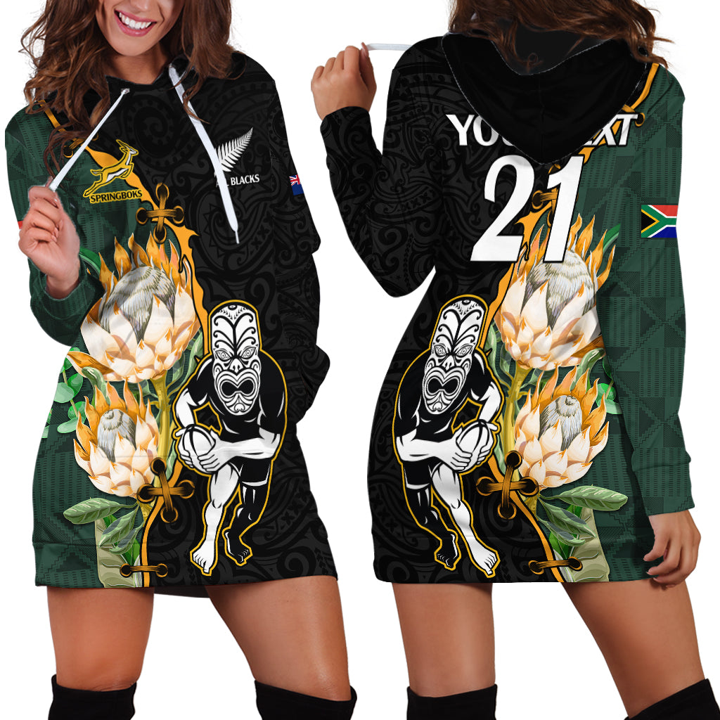 Custom South Africa Protea and New Zealand Hoodie Dress Go All Black-Springboks Rugby with Kente And Maori LT9 - Polynesian Pride