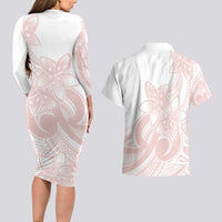 Polynesian Tribal Plumeria Lotu Tamaiti Couples Matching Long Sleeve Bodycon Dress and Hawaiian Shirt Pastel Blush LT9 - Polynesian Pride