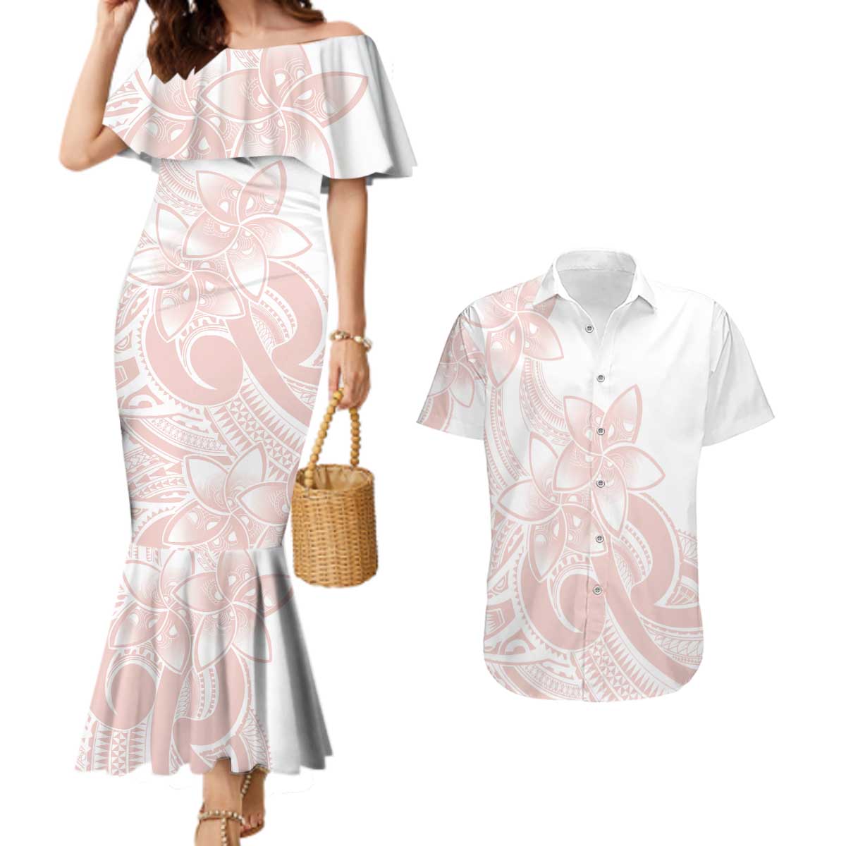 Polynesian Tribal Plumeria Lotu Tamaiti Couples Matching Mermaid Dress and Hawaiian Shirt Pastel Blush LT9 Blush - Polynesian Pride