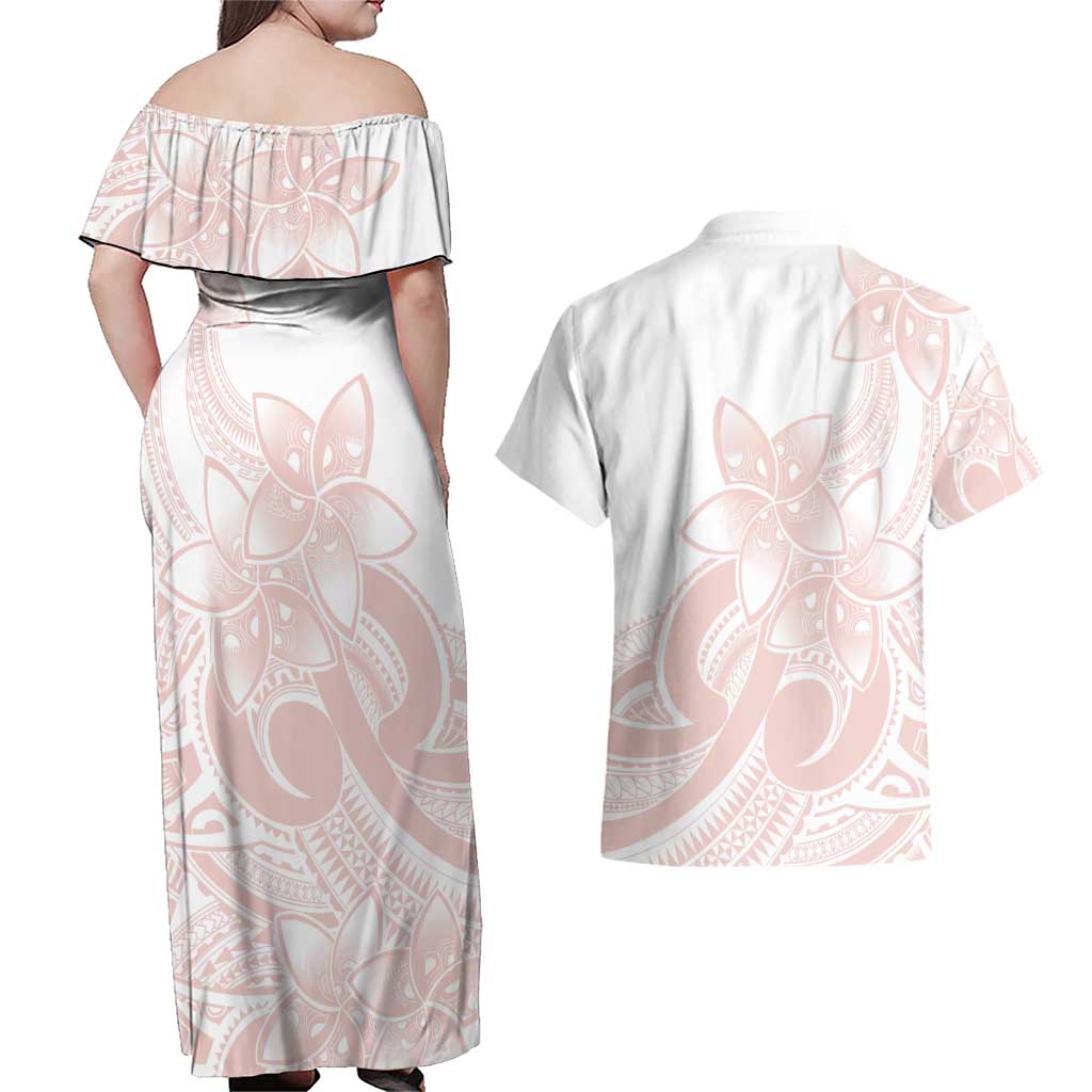 Polynesian Tribal Plumeria Lotu Tamaiti Couples Matching Off Shoulder Maxi Dress and Hawaiian Shirt Pastel Blush LT9 - Polynesian Pride