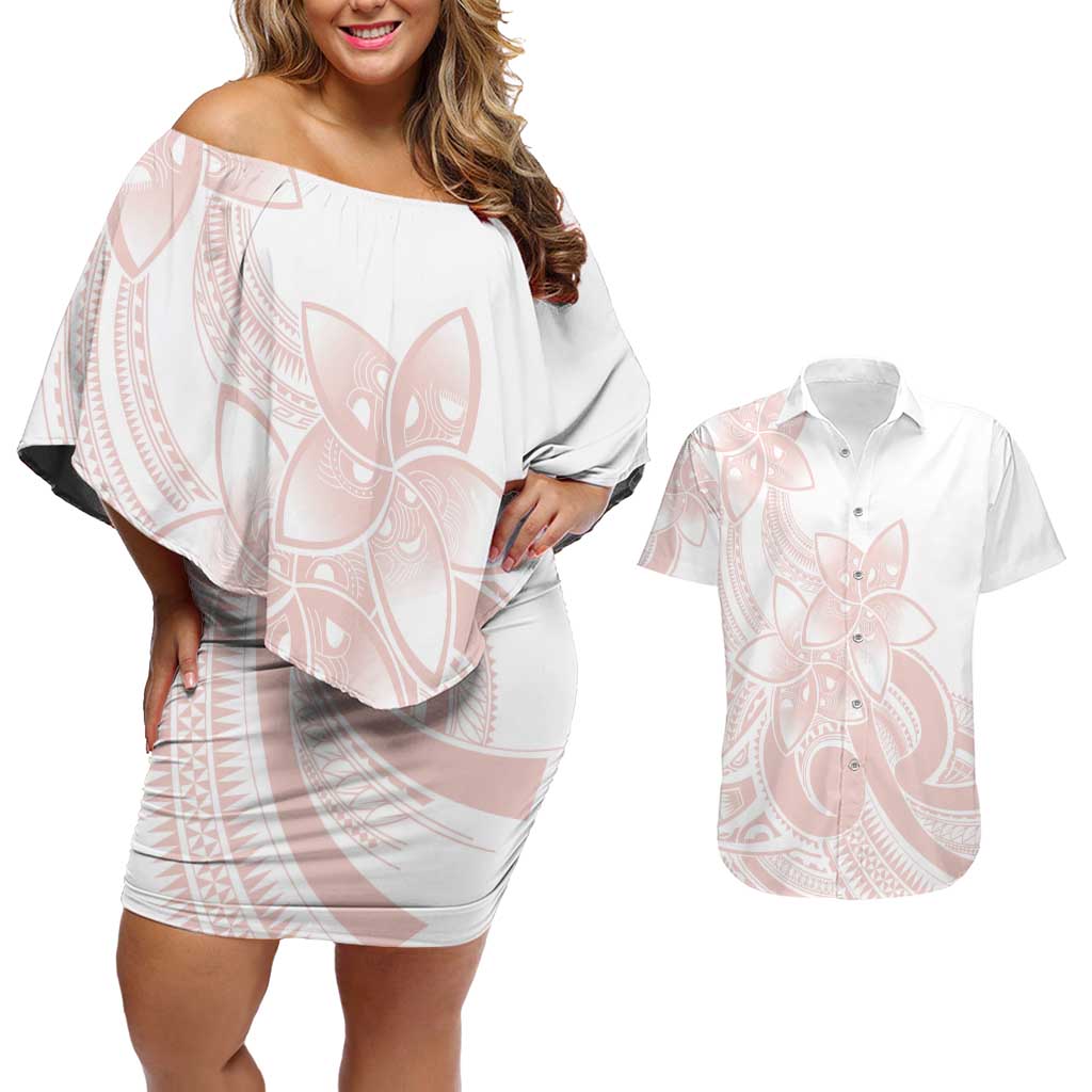 Polynesian Tribal Plumeria Lotu Tamaiti Couples Matching Off Shoulder Short Dress and Hawaiian Shirt Pastel Blush LT9 Blush - Polynesian Pride