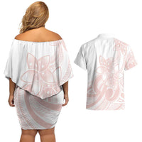 Polynesian Tribal Plumeria Lotu Tamaiti Couples Matching Off Shoulder Short Dress and Hawaiian Shirt Pastel Blush LT9 - Polynesian Pride