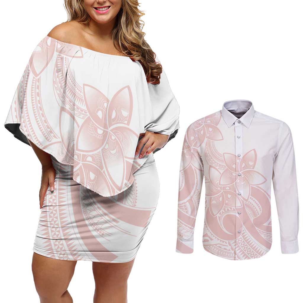 Polynesian Tribal Plumeria Lotu Tamaiti Couples Matching Off Shoulder Short Dress and Long Sleeve Button Shirt Pastel Blush LT9 Blush - Polynesian Pride