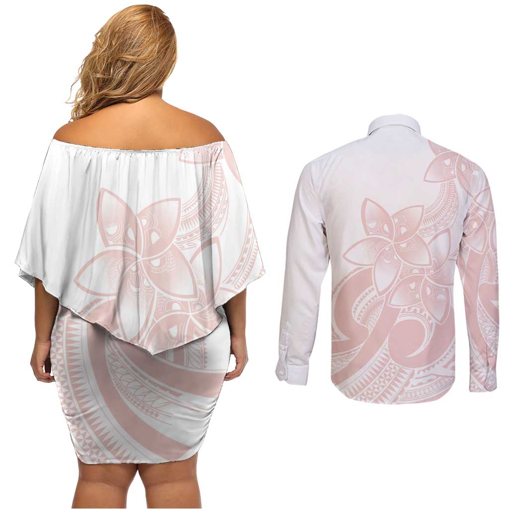 Polynesian Tribal Plumeria Lotu Tamaiti Couples Matching Off Shoulder Short Dress and Long Sleeve Button Shirt Pastel Blush LT9 - Polynesian Pride