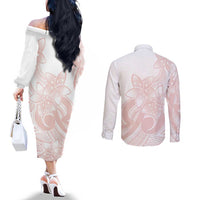 Polynesian Tribal Plumeria Lotu Tamaiti Couples Matching Off The Shoulder Long Sleeve Dress and Long Sleeve Button Shirt Pastel Blush LT9 - Polynesian Pride