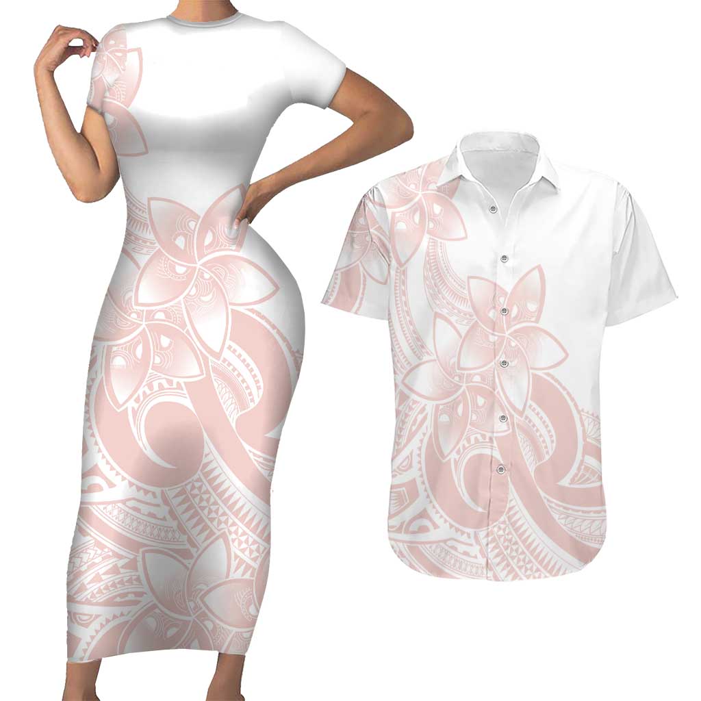 Polynesian Tribal Plumeria Lotu Tamaiti Couples Matching Short Sleeve Bodycon Dress and Hawaiian Shirt Pastel Blush LT9 Blush - Polynesian Pride