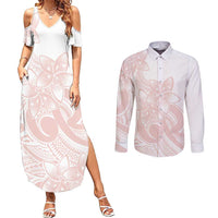Polynesian Tribal Plumeria Lotu Tamaiti Couples Matching Summer Maxi Dress and Long Sleeve Button Shirt Pastel Blush LT9 Blush - Polynesian Pride
