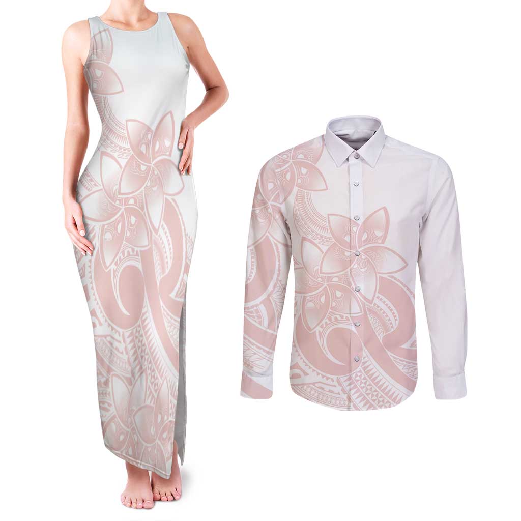 Polynesian Tribal Plumeria Lotu Tamaiti Couples Matching Tank Maxi Dress and Long Sleeve Button Shirt Pastel Blush LT9 Blush - Polynesian Pride