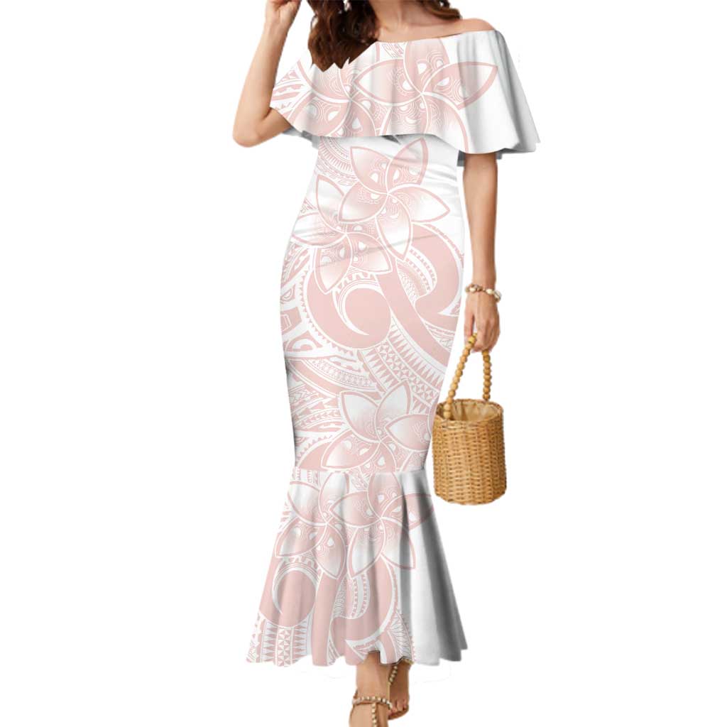 Polynesian Tribal Plumeria Lotu Tamaiti Family Matching Mermaid Dress and Hawaiian Shirt Pastel Blush LT9 Mom's Dress Blush - Polynesian Pride