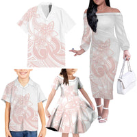 Polynesian Tribal Plumeria Lotu Tamaiti Family Matching Off The Shoulder Long Sleeve Dress and Hawaiian Shirt Pastel Blush LT9 - Polynesian Pride