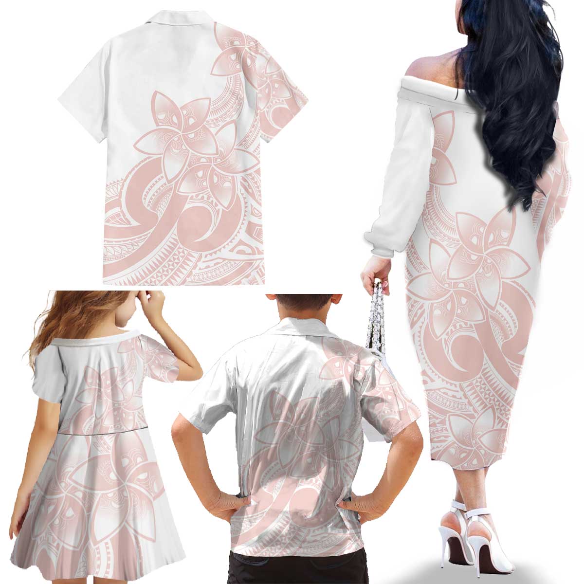 Polynesian Tribal Plumeria Lotu Tamaiti Family Matching Off The Shoulder Long Sleeve Dress and Hawaiian Shirt Pastel Blush LT9 - Polynesian Pride
