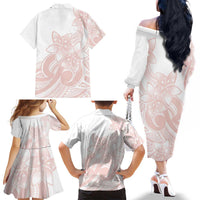 Polynesian Tribal Plumeria Lotu Tamaiti Family Matching Off The Shoulder Long Sleeve Dress and Hawaiian Shirt Pastel Blush LT9 - Polynesian Pride