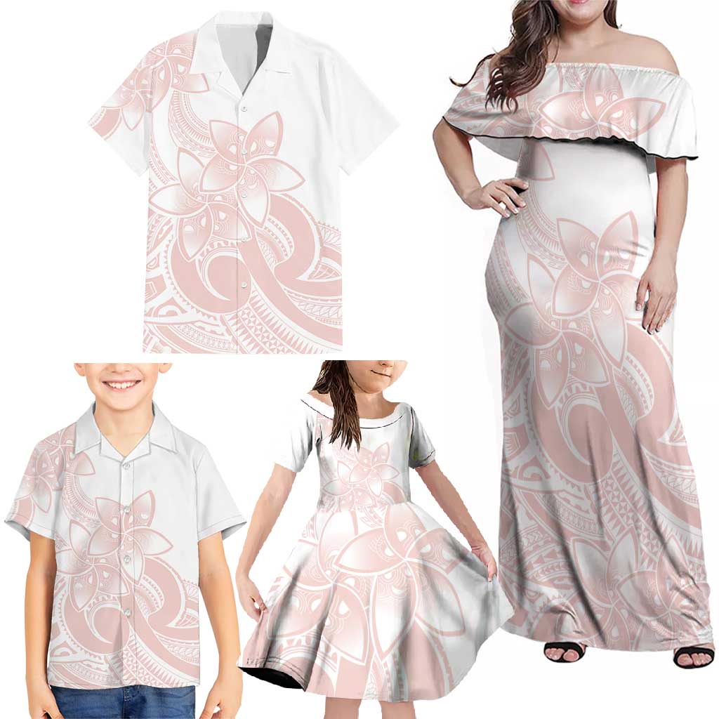 Polynesian Tribal Plumeria Lotu Tamaiti Family Matching Off Shoulder Maxi Dress and Hawaiian Shirt Pastel Blush LT9 - Polynesian Pride