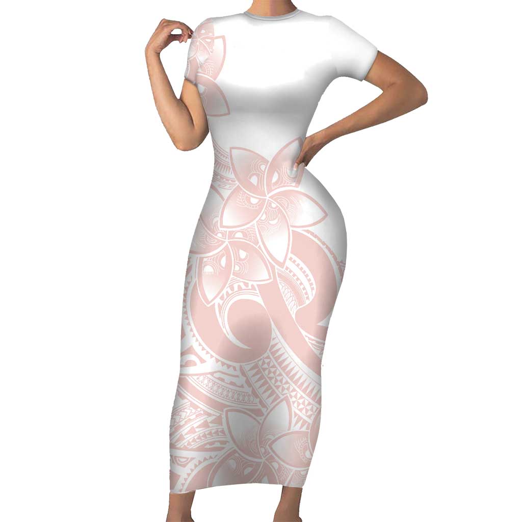 Polynesian Tribal Plumeria Lotu Tamaiti Family Matching Short Sleeve Bodycon Dress and Hawaiian Shirt Pastel Blush LT9 Mom's Dress Blush - Polynesian Pride