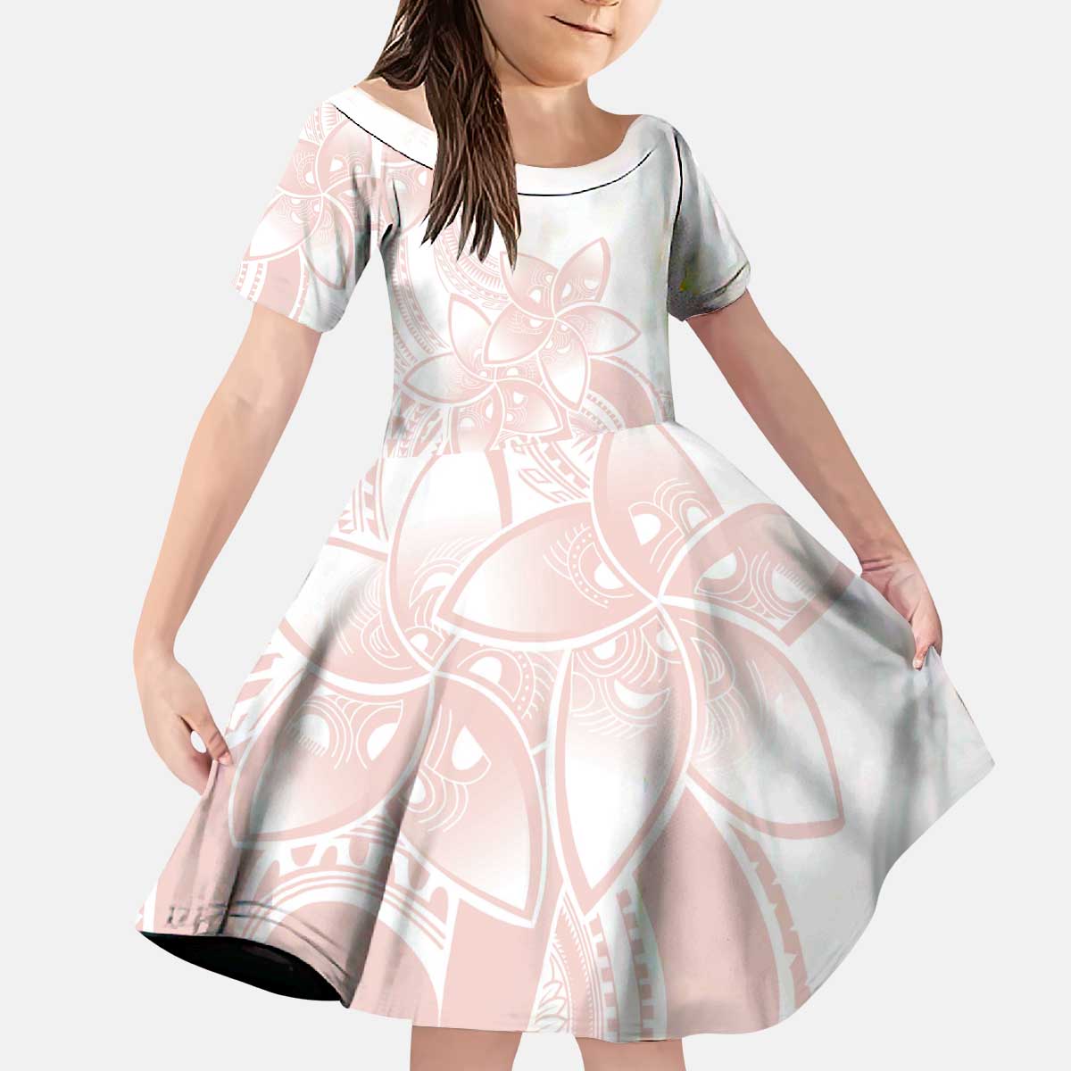Polynesian Tribal Plumeria Lotu Tamaiti Kid Short Sleeve Dress Pastel Blush - Polynesian Pride