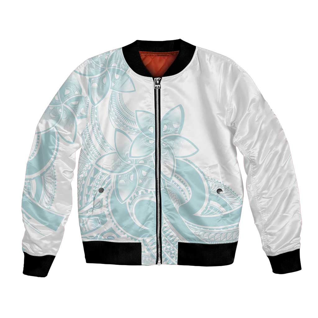 Polynesian Tribal Plumeria Lotu Tamaiti Bomber Jacket Pastel Cyan LT9 Unisex Cyan - Polynesian Pride