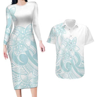 Polynesian Tribal Plumeria Lotu Tamaiti Couples Matching Long Sleeve Bodycon Dress and Hawaiian Shirt Pastel Cyan LT9 Cyan - Polynesian Pride