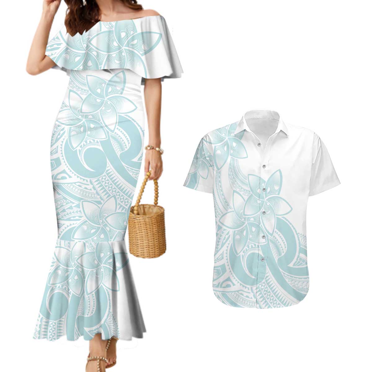 Polynesian Tribal Plumeria Lotu Tamaiti Couples Matching Mermaid Dress and Hawaiian Shirt Pastel Cyan LT9 Cyan - Polynesian Pride