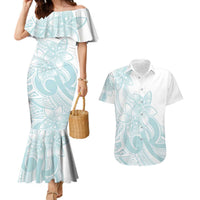 Polynesian Tribal Plumeria Lotu Tamaiti Couples Matching Mermaid Dress and Hawaiian Shirt Pastel Cyan LT9 Cyan - Polynesian Pride