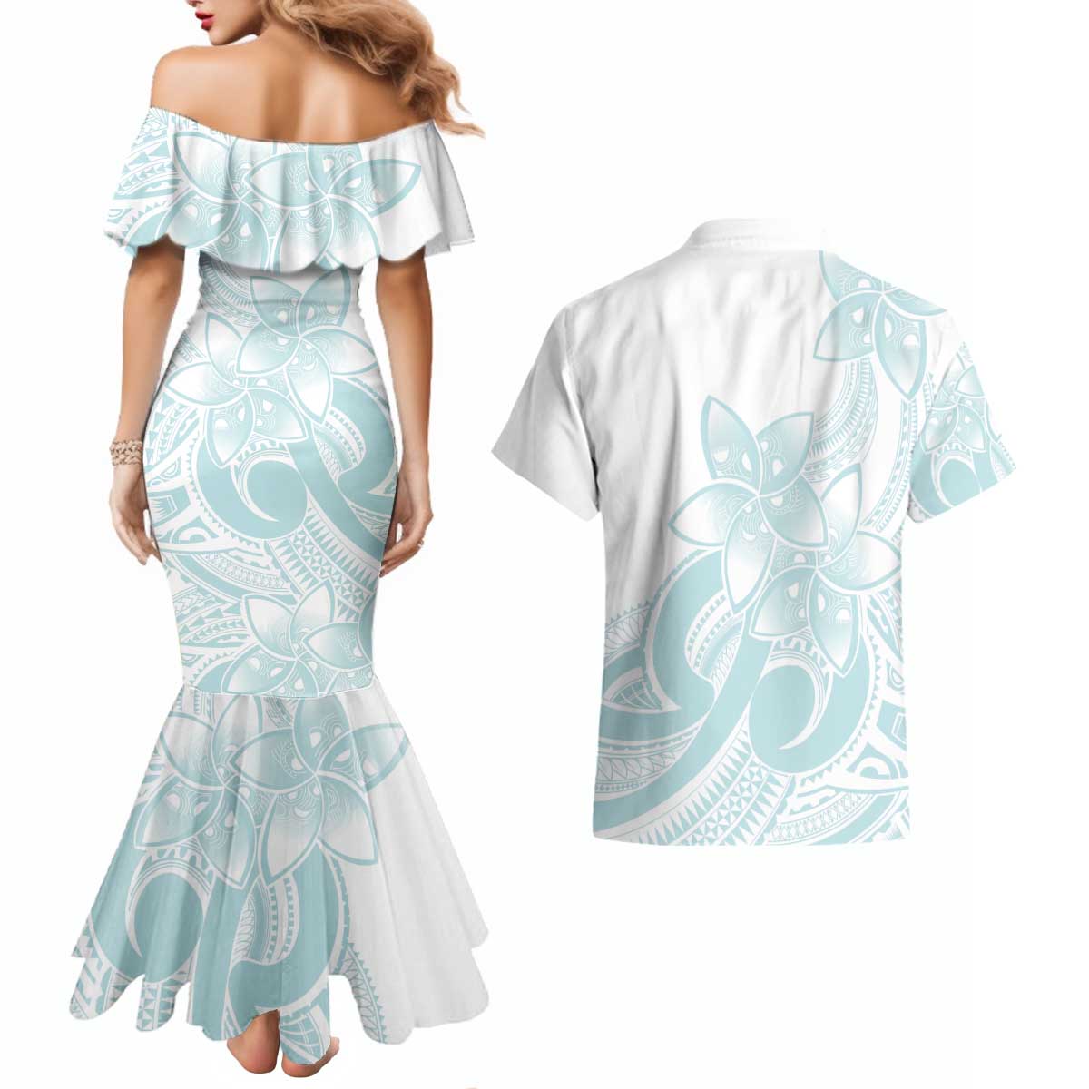 Polynesian Tribal Plumeria Lotu Tamaiti Couples Matching Mermaid Dress and Hawaiian Shirt Pastel Cyan LT9 - Polynesian Pride