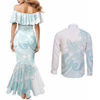 Polynesian Tribal Plumeria Lotu Tamaiti Couples Matching Mermaid Dress and Long Sleeve Button Shirt Pastel Cyan LT9 - Polynesian Pride