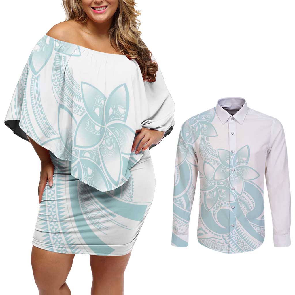 Polynesian Tribal Plumeria Lotu Tamaiti Couples Matching Off Shoulder Short Dress and Long Sleeve Button Shirt Pastel Cyan LT9 Cyan - Polynesian Pride