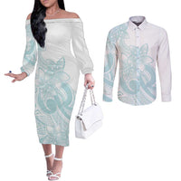 Polynesian Tribal Plumeria Lotu Tamaiti Couples Matching Off The Shoulder Long Sleeve Dress and Long Sleeve Button Shirt Pastel Cyan LT9 Cyan - Polynesian Pride