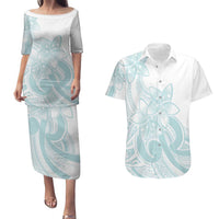 Polynesian Tribal Plumeria Lotu Tamaiti Couples Matching Puletasi and Hawaiian Shirt Pastel Cyan LT9 Cyan - Polynesian Pride