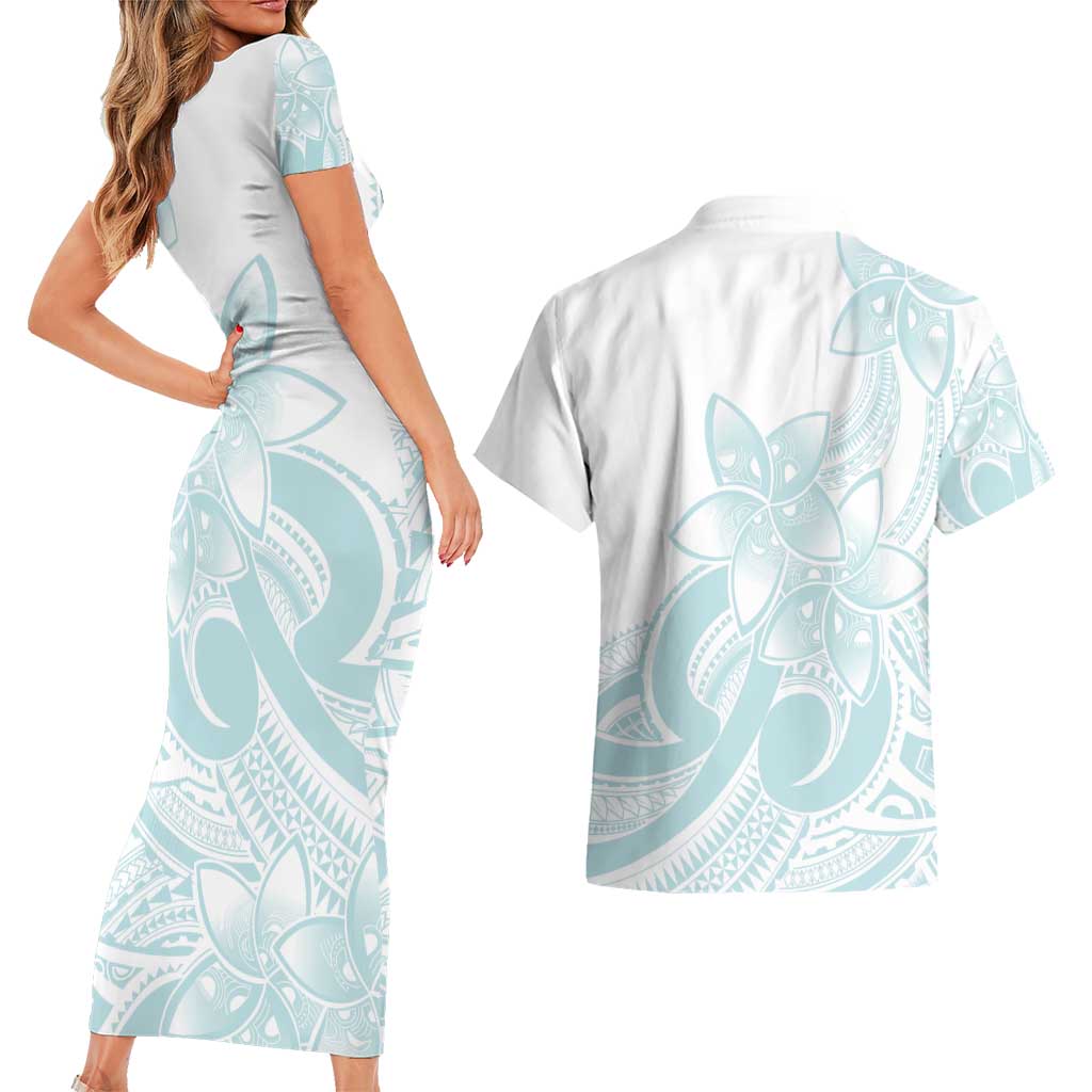 Polynesian Tribal Plumeria Lotu Tamaiti Couples Matching Short Sleeve Bodycon Dress and Hawaiian Shirt Pastel Cyan LT9 - Polynesian Pride