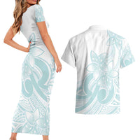Polynesian Tribal Plumeria Lotu Tamaiti Couples Matching Short Sleeve Bodycon Dress and Hawaiian Shirt Pastel Cyan LT9 - Polynesian Pride