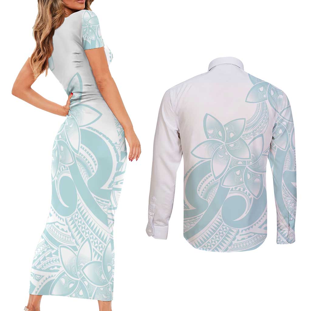 Polynesian Tribal Plumeria Lotu Tamaiti Couples Matching Short Sleeve Bodycon Dress and Long Sleeve Button Shirt Pastel Cyan LT9 - Polynesian Pride