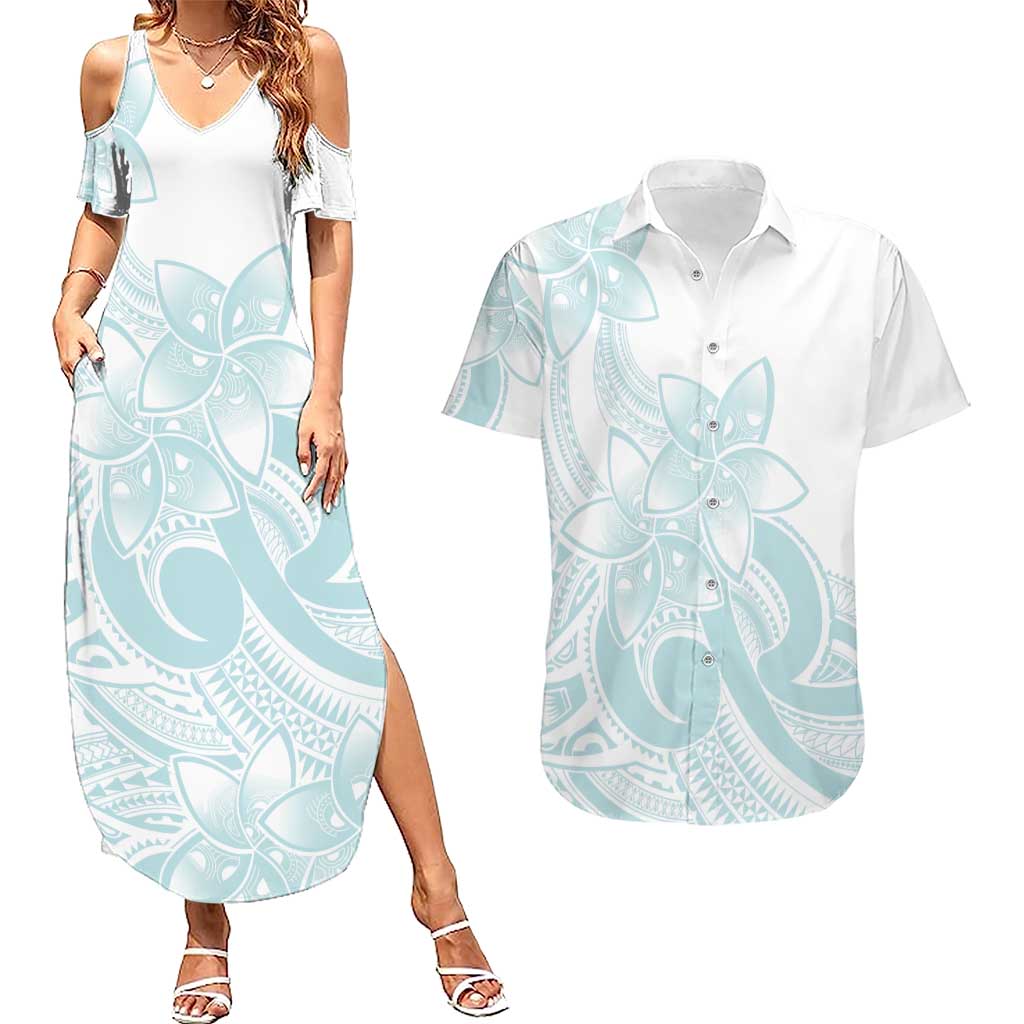 Polynesian Tribal Plumeria Lotu Tamaiti Couples Matching Summer Maxi Dress and Hawaiian Shirt Pastel Cyan LT9 Cyan - Polynesian Pride