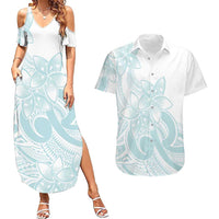 Polynesian Tribal Plumeria Lotu Tamaiti Couples Matching Summer Maxi Dress and Hawaiian Shirt Pastel Cyan LT9 Cyan - Polynesian Pride