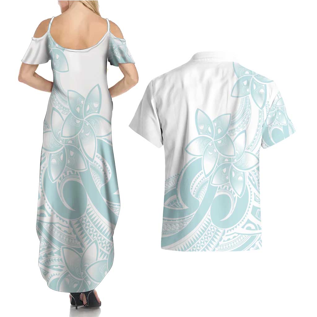 Polynesian Tribal Plumeria Lotu Tamaiti Couples Matching Summer Maxi Dress and Hawaiian Shirt Pastel Cyan LT9 - Polynesian Pride