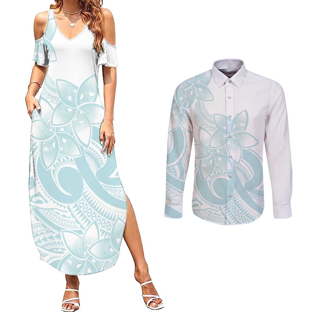 Polynesian Tribal Plumeria Lotu Tamaiti Couples Matching Summer Maxi Dress and Long Sleeve Button Shirt Pastel Cyan LT9 Cyan - Polynesian Pride